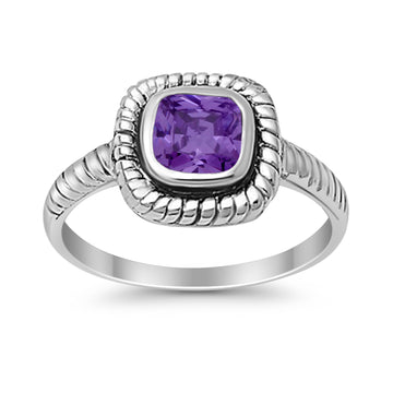 Princess Cut Simulated Amethyst Cubic Zirconia Oxidized Design Ring 925 Sterling Silver